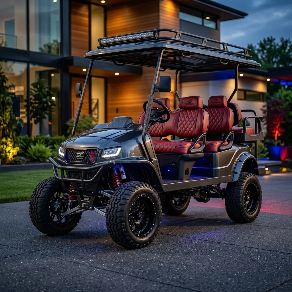 Custom lifted golf cart serviced by Joy's Cart Repair, parked in a driveway